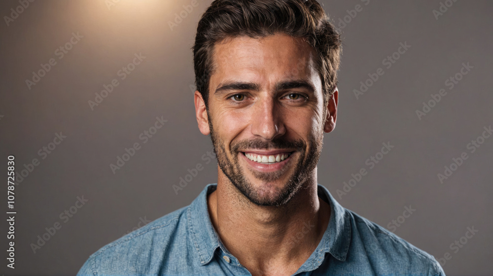 Obraz premium A young man in a blue shirt smiles brightly against a gray backdrop