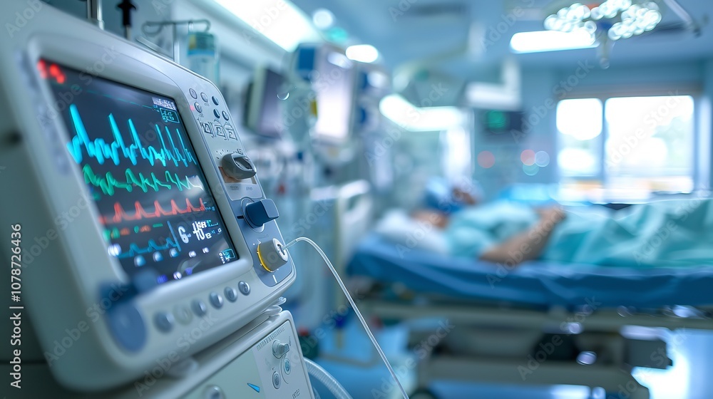 An up-close view of an active heart rate monitor in a hospital room featuring cutting-edge medical technology and a hazy patient bed with space, Generative AI. An up-close view of an active heart rate monitor in a hospital room featuring cutting-edge medical technology and a hazy patient bed with space, Generative AI.