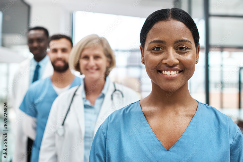 Hospital, doctors and woman nurse in portrait with smile, confidence and support in healthcare. Happy, solidarity and medical team with leadership, trust and diversity with group of clinic staff Hospital, doctors and woman nurse in portrait with smile, confidence and support in healthcare. Happy, solidarity and medical team with leadership, trust and diversity with group of clinic staff