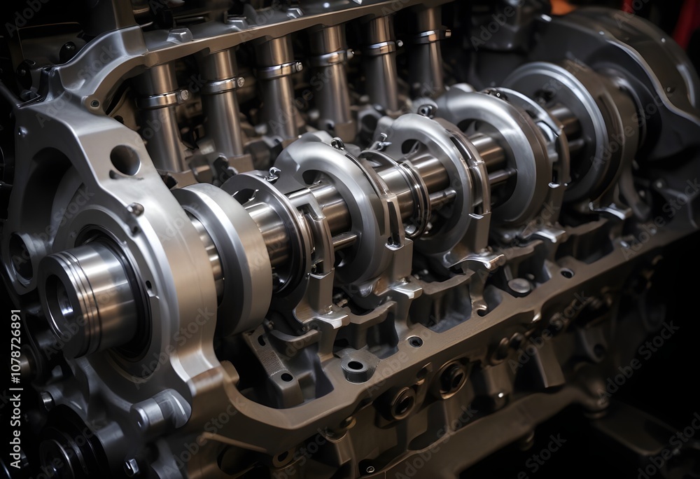 Close-up of the internal components of an engine, including the pistons and crankshaft Close-up of the internal components of an engine, including the pistons and crankshaft