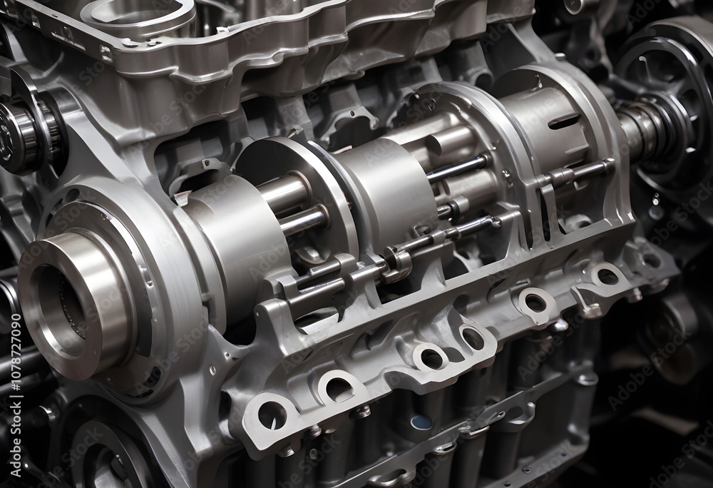 Close-up of the internal components of an engine, including the pistons and crankshaft Close-up of the internal components of an engine, including the pistons and crankshaft