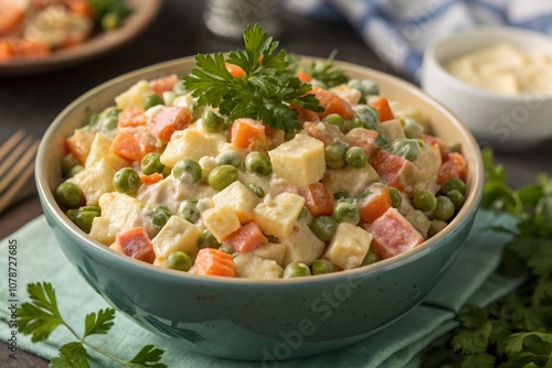 Close-Up Panoramic View of Traditional Russian Olivier Salad with Diced Vegetables, Creamy Dressing, and Fresh Parsley Garnish in a Beautiful Bowl