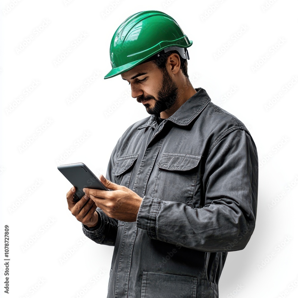 A skilled worker in a green hard hat uses a tablet, showcasing modern technology in a construction environment. A skilled worker in a green hard hat uses a tablet, showcasing modern technology in a construction environment.