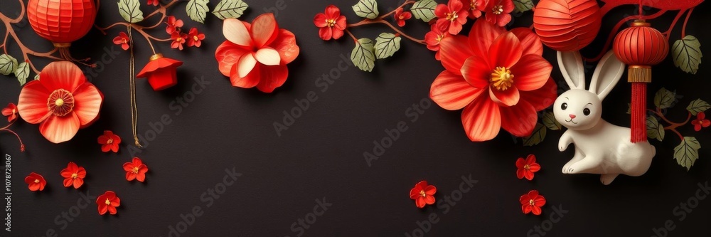 Ornate Chinese rabbit surrounded by paper craft flowers on red and black Lunar New Year banner with copy space, paper craft, celebration Ornate Chinese rabbit surrounded by paper craft flowers on red and black Lunar New Year banner with copy space, paper craft, celebration