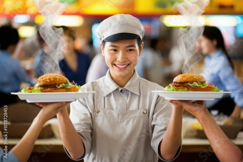  Smiling server presenting steaming burgers on trays in a busy fast-food restaurant photo