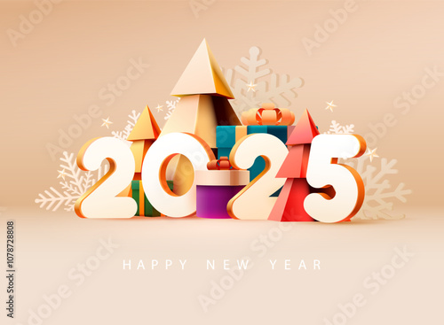 Happy New year poster 2025. White numbers with gift boxes and Christmas tree. Bright greeting card design.