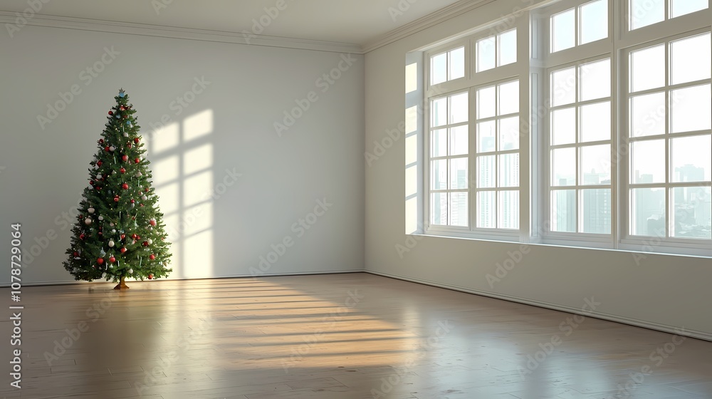 A Cozy Empty Room Featuring a Decorated Christmas Tree Capturing the Essence of the Holiday Spirit and Awaiting Celebrations Ahead. A Cozy Empty Room Featuring a Decorated Christmas Tree Capturing the Essence of the Holiday Spirit and Awaiting Celebrations Ahead.