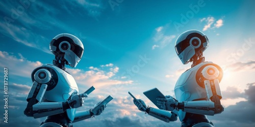 Robots in a futuristic setting communicating through tablet PCs under the vibrant sky, robots, communication photo