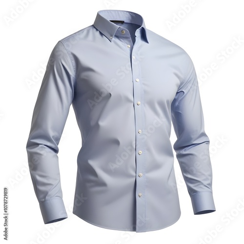 A blue button-up dress shirt with a collar and long sleeves