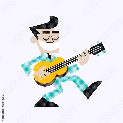 Mid century cartoon rock-n-roll character playing guitar, isolated on white