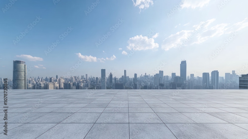 A panoramic city skyline view from a rooftop terrace under a clear blue sky. A panoramic city skyline view from a rooftop terrace under a clear blue sky.