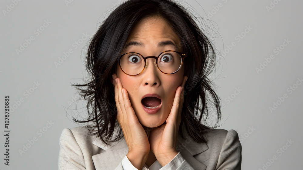Portrait of a woman in glasses and business attire with a surprised and shocked expression. Her hands frame her face, capturing a dramatic and expressive reaction Portrait of a woman in glasses and business attire with a surprised and shocked expression. Her hands frame her face, capturing a dramatic and expressive reaction