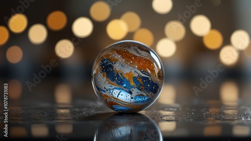 A glass sphere with colorful swirls inside sits on a reflective surface with a bokeh of warm lights in the background.