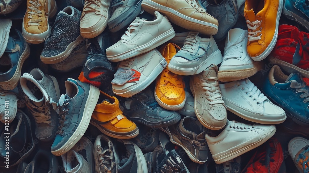 A large pile of sneakers in various colors and styles. A large pile of sneakers in various colors and styles.