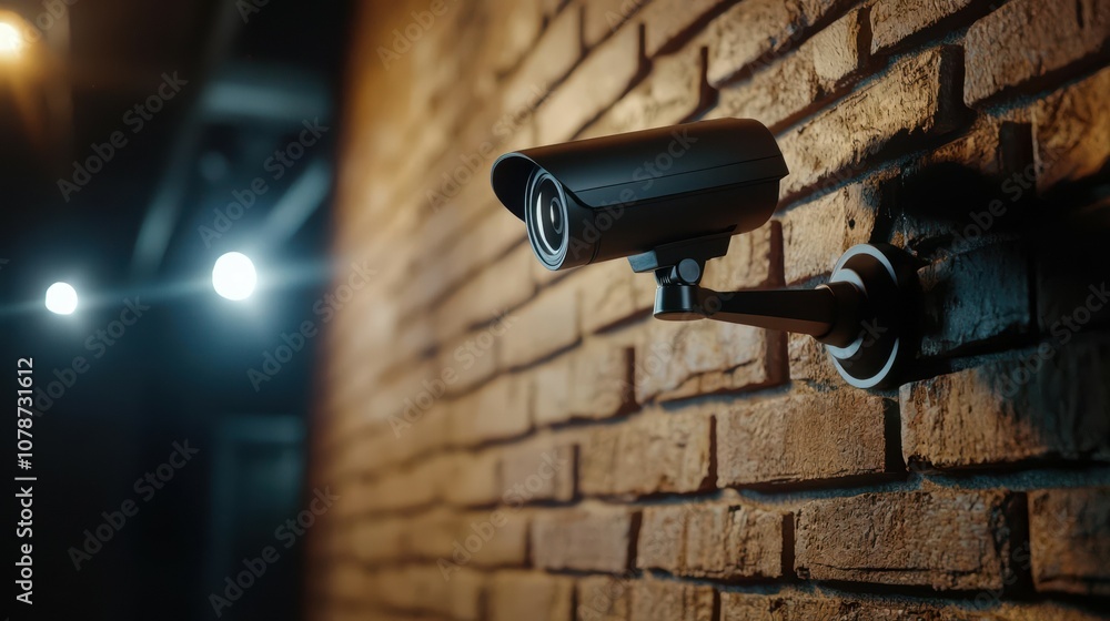 Surveillance camera mounted on a brick wall in a well-lit environment.