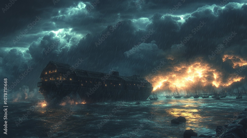 Fototapeta premium A large, wooden ship is engulfed in flames as a storm rages around it. Smaller ships are also burning in the distance. The sky is dark and ominous, with lightning flashing.