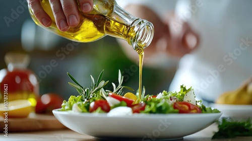 Fresh Ingredients and Healthy Dressings: Pouring Olive Oil over a Vibrant Salad with Vegetables and Herbs in a Modern Kitchen Setting