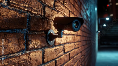 Surveillance camera mounted on a brick wall capturing detailed security footage.
