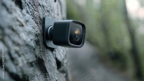 Compact camera mounted on a rock surface in natural surroundings.