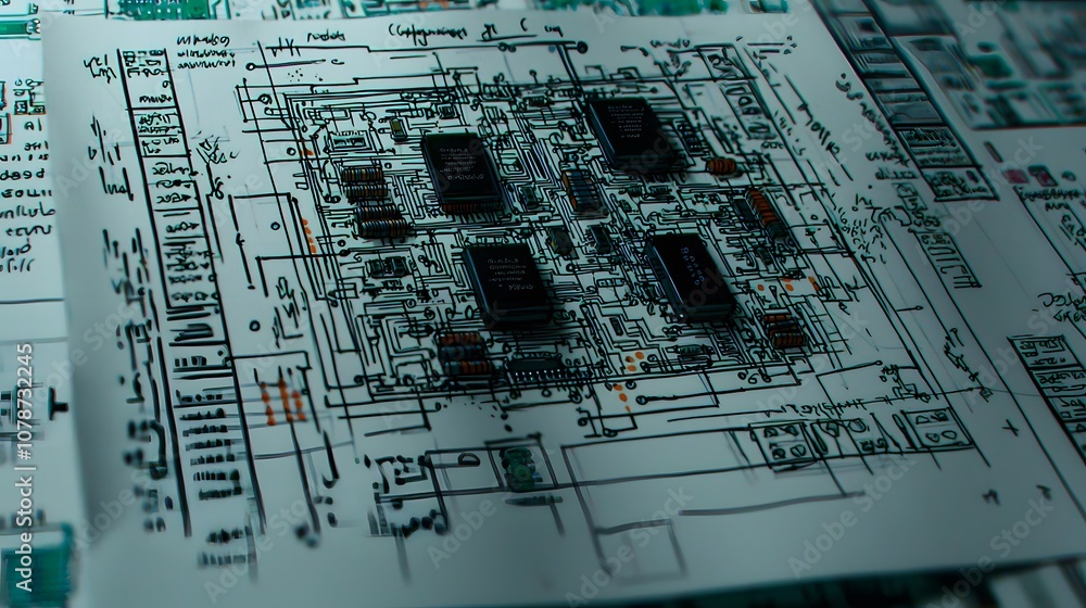 Fototapeta premium Schematic Circuits: A close-up of a circuit diagram sketched in black ink. The lines connect resistors, capacitors, and transistors, forming an intricate electronic design. 
