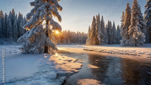 Winter Wonderland Snow-covered Trees and Frozen River