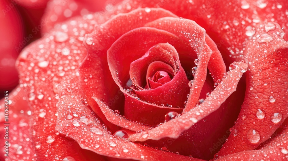 Close-Up of a Beautiful Red Rose Petal Drenched in Water Droplets, Highlighting the Delicate Texture and Vivid Color of Nature's Floral Beauty Close-Up of a Beautiful Red Rose Petal Drenched in Water Droplets, Highlighting the Delicate Texture and Vivid Color of Nature's Floral Beauty