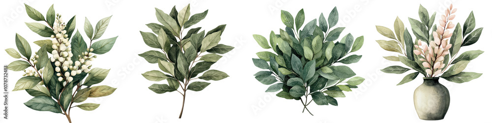 Lush and vibrant watercolor of laurel leaves branches and foliage arranged in an elegant natural composition Lush and vibrant watercolor of laurel leaves branches and foliage arranged in an elegant natural composition