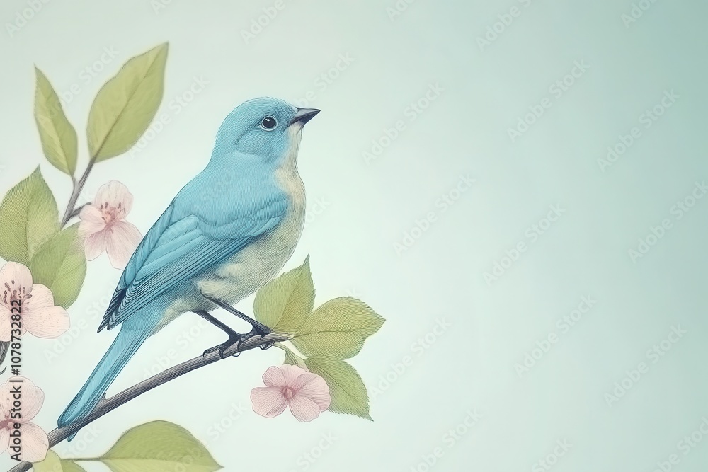 Obraz premium Hand-Drawn Bird on Flowering Branch in Soft Colors