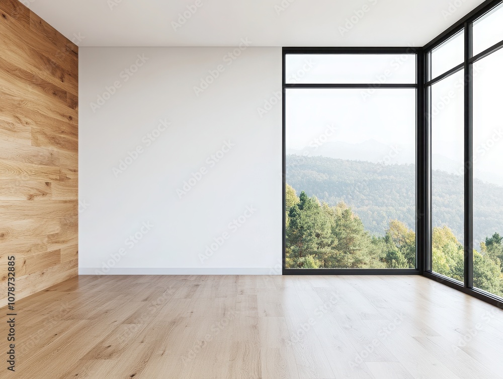 Obraz premium A modern, minimalist interior showcasing large windows that offer a view of lush greenery in a serene environment.