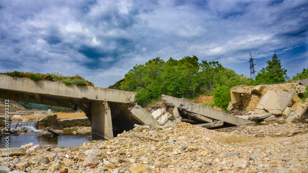 Collapsed Bridge over Riverbed Collapsed Bridge over Riverbed