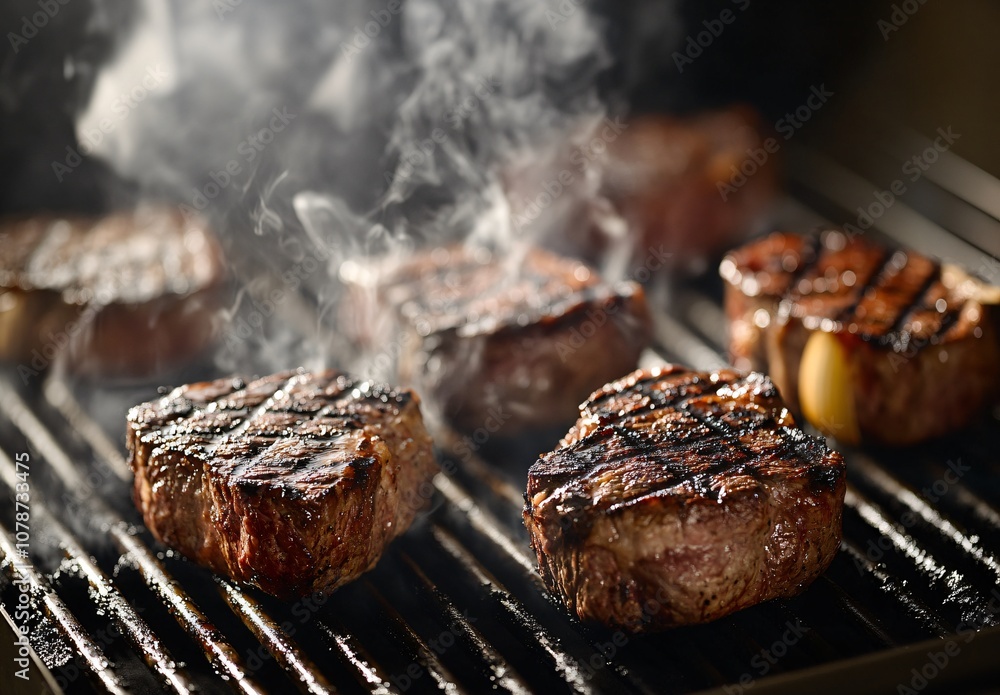 Close-Up Grilled Steaks with Smoke Close-Up Grilled Steaks with Smoke
