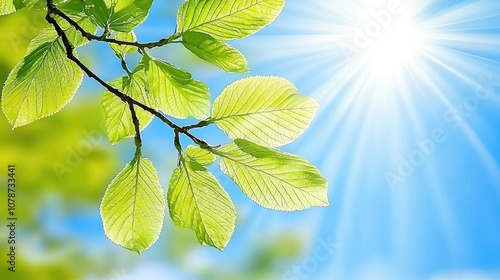 Bright green leaves basking in sunlight against clear blue sky, creating refreshing and vibrant atmosphere