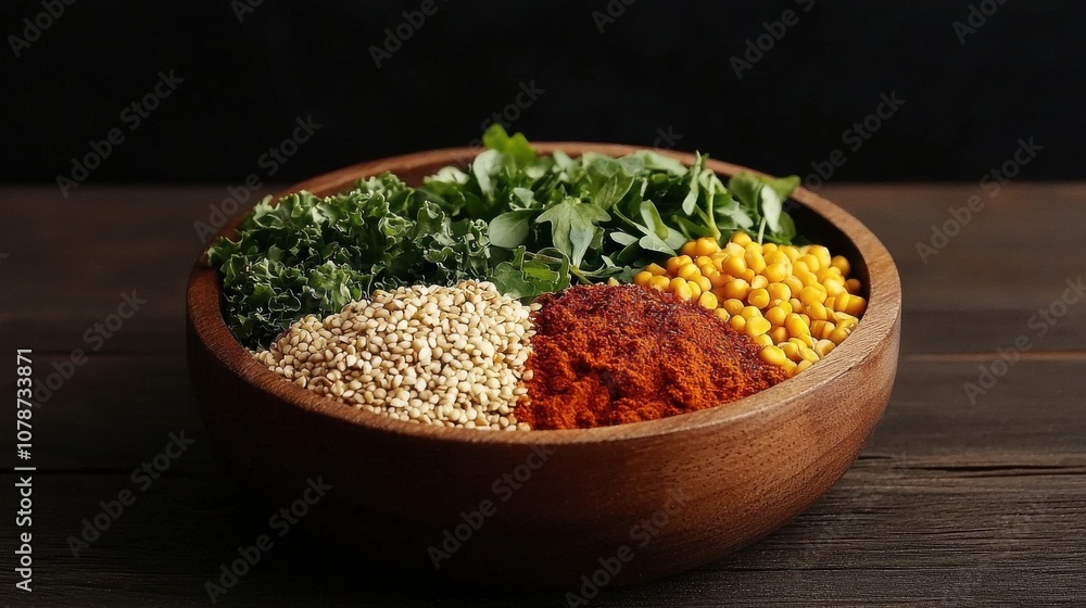 Savor the fusion a bowl of vibrant mixed greens and grains enhanced with flavorful spices for nutritious eating Savor the fusion a bowl of vibrant mixed greens and grains enhanced with flavorful spices for nutritious eating