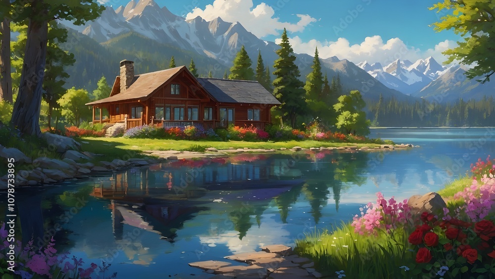 An anime-inspired serene lakeside landscape featuring a comfortable white cottage with a red wooden upper portion An anime-inspired serene lakeside landscape featuring a comfortable white cottage with a red wooden upper portion