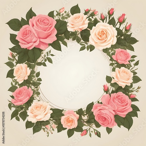 Wallpaper Mural Circular Floral Frame of Pink and Peach Roses with Green Leaves Torontodigital.ca
