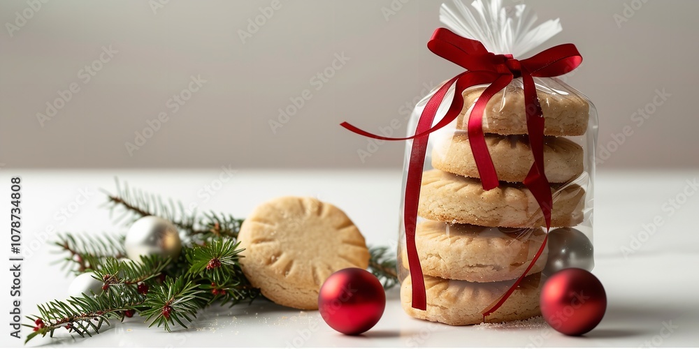 An up-close view of a package of shortbread biscuits made of transparent cellophane to vertically piled and adorned with crimson ribbon with Christmas balls on a white backdrop, Generative AI. An up-close view of a package of shortbread biscuits made of transparent cellophane to vertically piled and adorned with crimson ribbon with Christmas balls on a white backdrop, Generative AI.