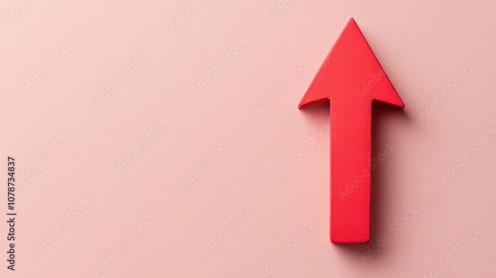 Red arrow pointing upwards on soft pink background, symbolizing growth and progress. This simple yet striking design can be used in various contexts Red arrow pointing upwards on soft pink background, symbolizing growth and progress. This simple yet striking design can be used in various contexts