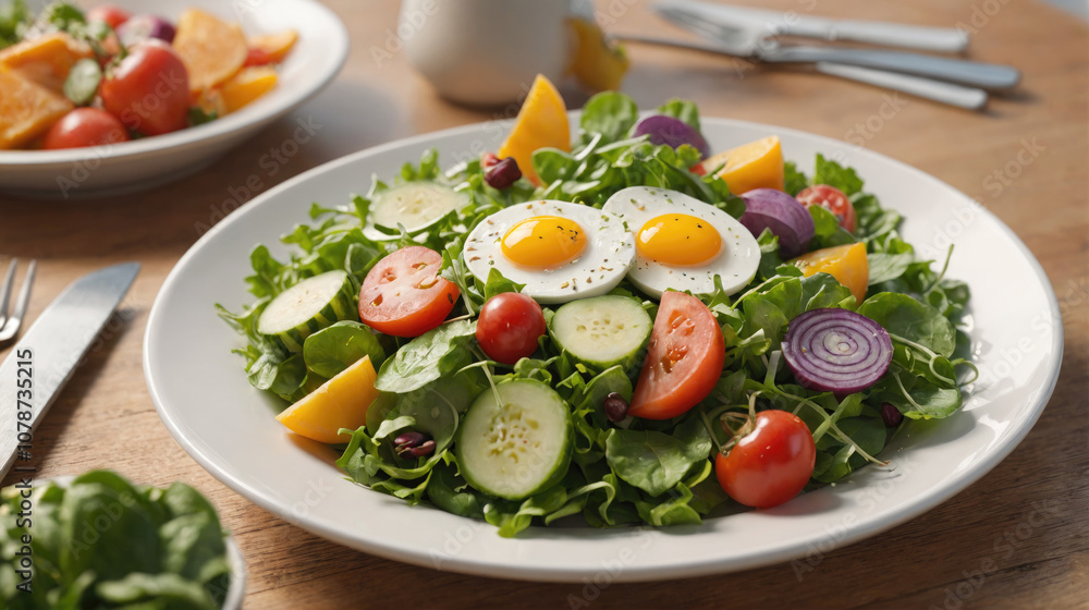 A fresh salad with two fried eggs, tomatoes, cucumbers, and red onion on a white plate A fresh salad with two fried eggs, tomatoes, cucumbers, and red onion on a white plate