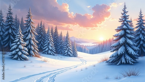 Wallpaper Mural Winter snowy forest in the mountains at sunset or sunrise, tracks from a car or sled or skis in the snow, firs or trees in the snow, pink or purple clouds in the sky. Winter landscape Torontodigital.ca