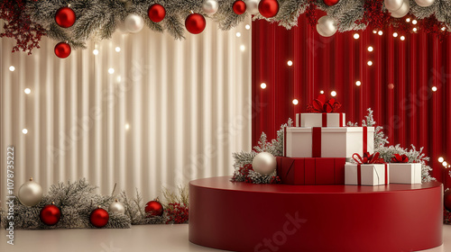 Product Showcase on a Red and White Christmas Podium with Festive Background Elements