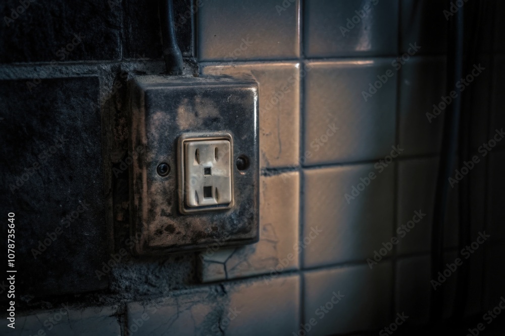 Old switch with a rustic look against white tiled walls Old switch with a rustic look against white tiled walls