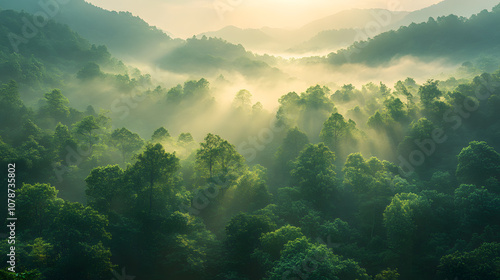 A serene photography showing a misty forest at dawn, with clean air and vibrant green trees, representing the balance and tranquility achieved through environmental preservation efforts.