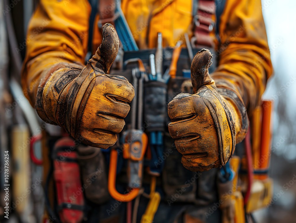 Craftsman's Pride: Close-up of a lineman's hands in work gloves giving a thumbs-up, showcasing rugged durability and expertise. Craftsman's Pride: Close-up of a lineman's hands in work gloves giving a thumbs-up, showcasing rugged durability and expertise.