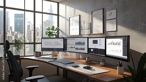 Wallpaper Mural Wide shot of an office desk with multiple monitors showing mockups and design sketches Torontodigital.ca