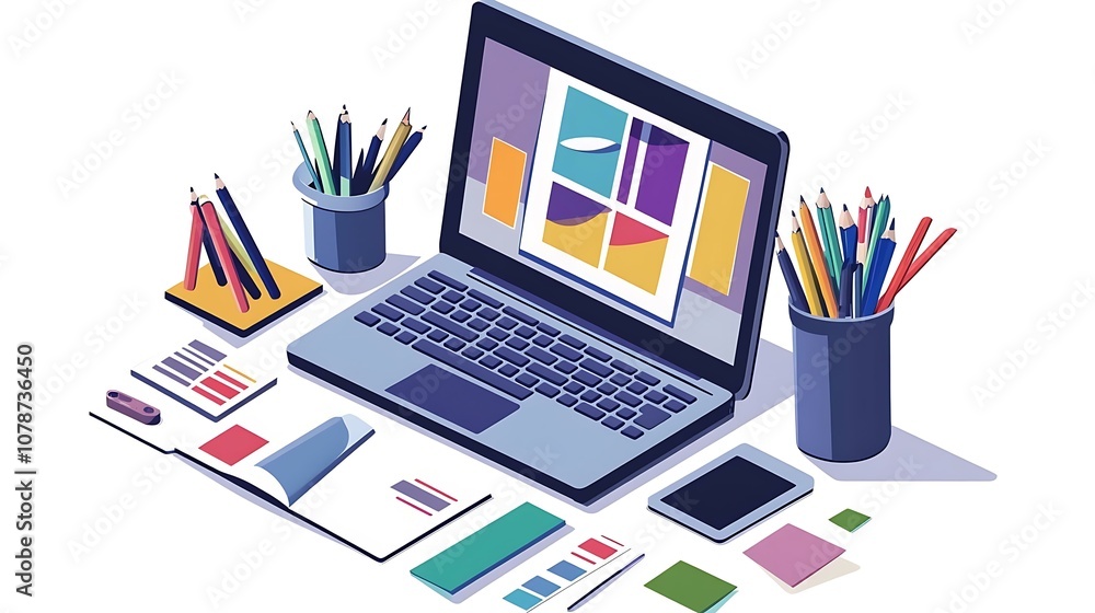 Creative workspace with a laptop displaying a digital prototype and design supplies spread out Creative workspace with a laptop displaying a digital prototype and design supplies spread out