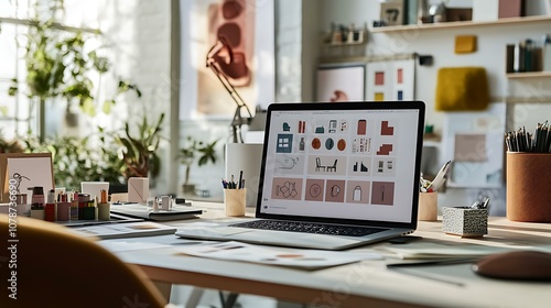 Wallpaper Mural Desk setup with a laptop displaying a 3D product mockup, surrounded by design sketches and color swatches Torontodigital.ca