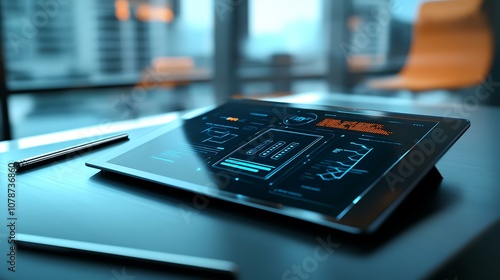 High-angle shot of a mobile app prototype on a tablet, with a stylus placed beside it on a modern desk photo