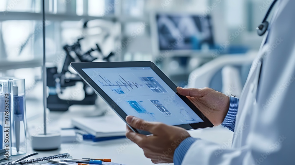 Fototapeta premium Person holding a tablet showing a product prototype, with office supplies and sketches in view