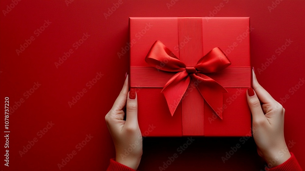 Hands delicately holding a vibrant red gift box adorned with an elegant satin bow against a matching crimson background, embodying festive luxury and anticipation. Hands delicately holding a vibrant red gift box adorned with an elegant satin bow against a matching crimson background, embodying festive luxury and anticipation.