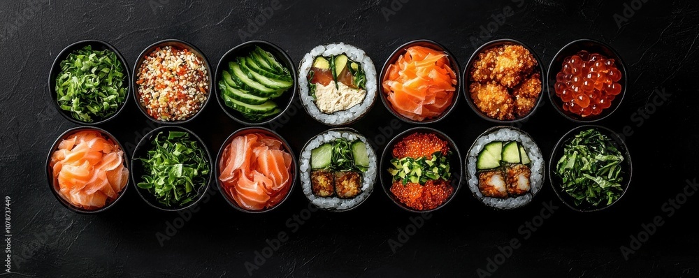 Vibrant sushi rolls with fusion toppings for a nutritious culinary adventure Vibrant sushi rolls with fusion toppings for a nutritious culinary adventure